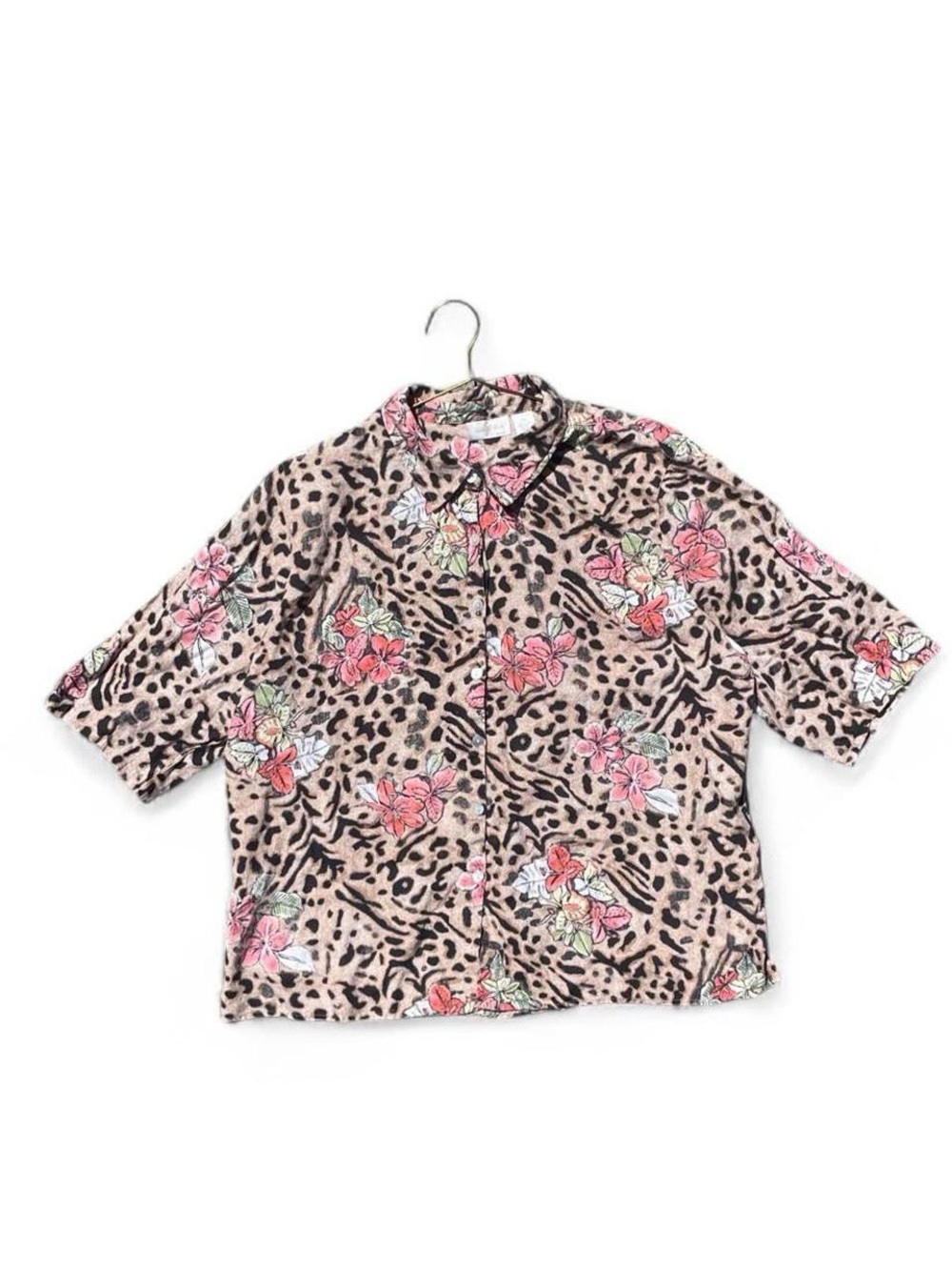 Studio Works 100% Linen Leopard Floral Button Up Blouse Plus Size 3X